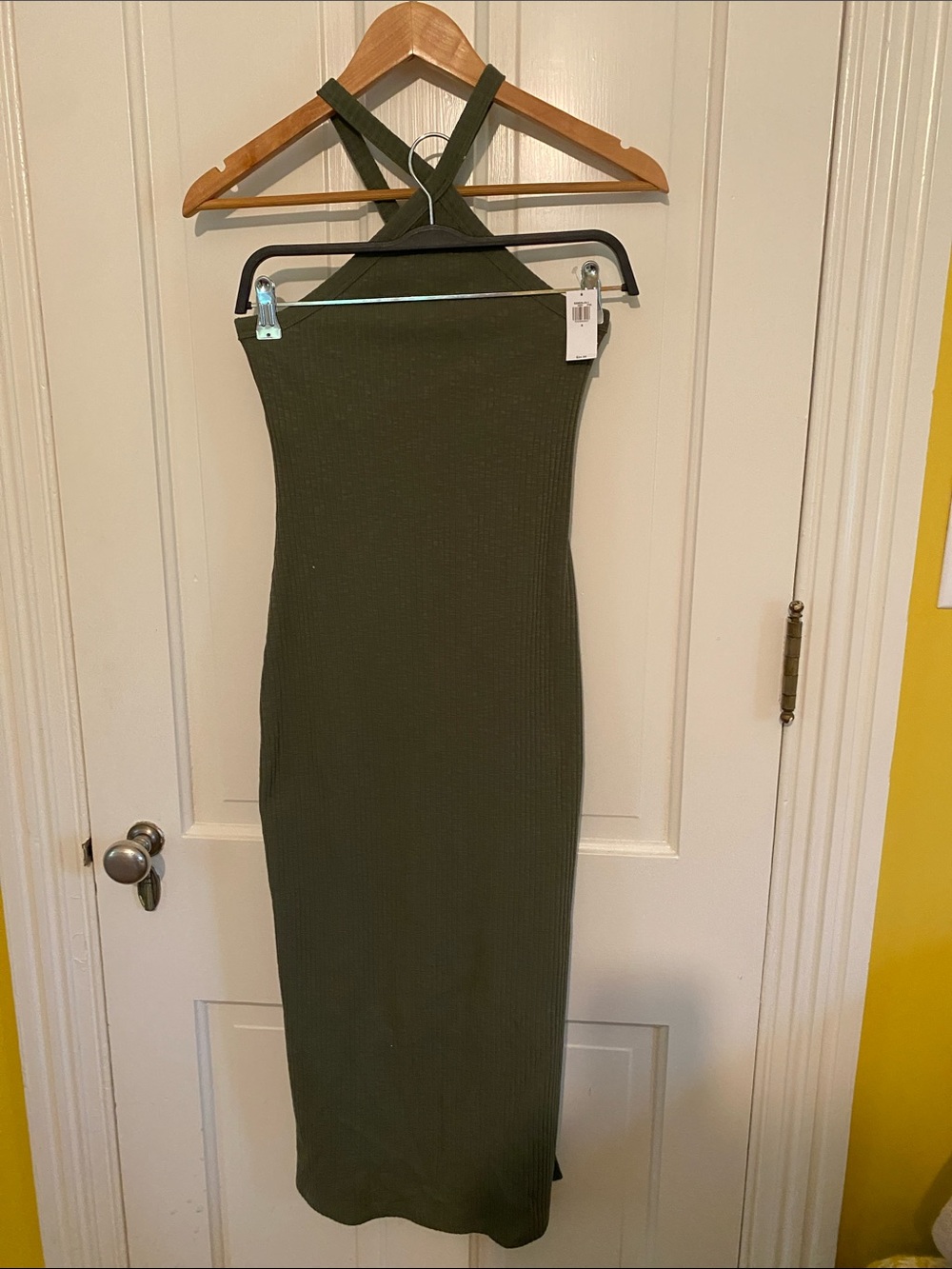 Sleeveless Ribbed Cross-Back Midi Dress in Olive Green